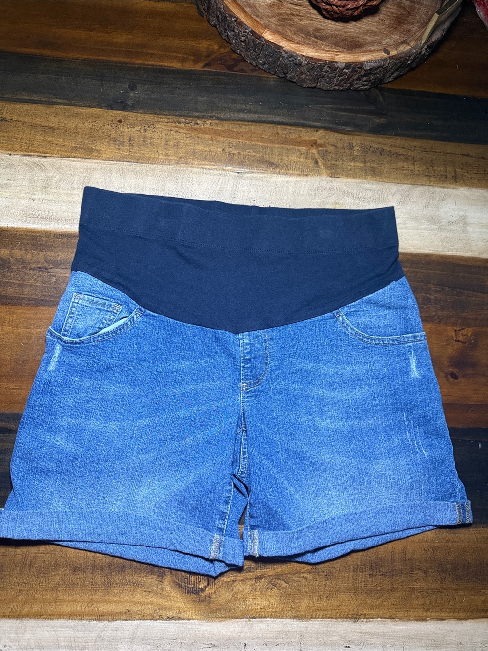 Motherhood Maternity Denim Shorts with Black Stretch Waistband - Blue